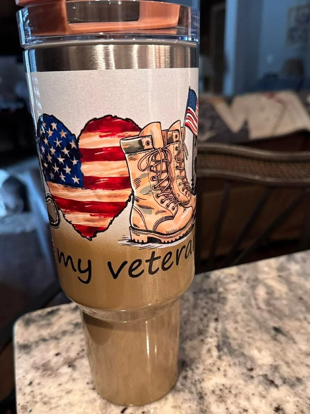 Hand Crafted Tan & Peach Veteran Boot Travel Mug NEW IN BOX WITH STRAW